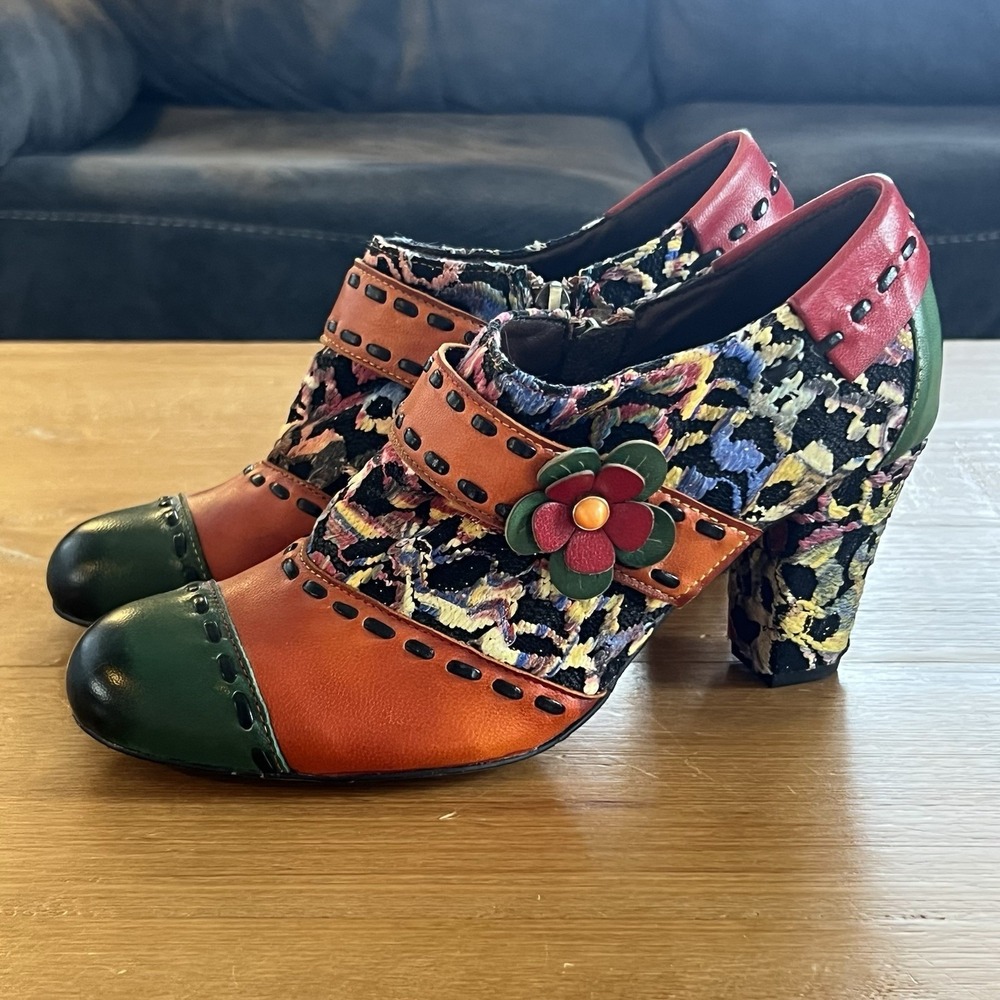 Colorful Floral Mary Jane Heels Chunky Heel Boho EU 38 Whimsical Art Teacher - Picture 4 of 8